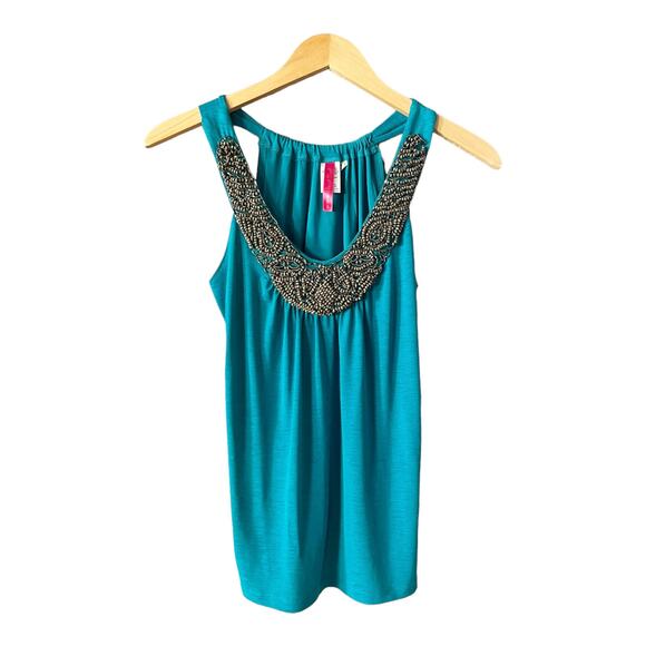 HEART SOUL Teal Tank Top Embellished Beaded Mesh Scoop Neck Sleeveless Small EUC - Picture 7 of 8
